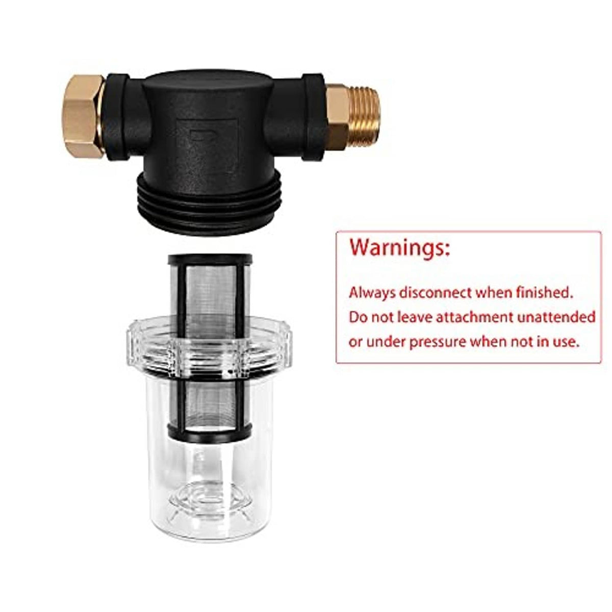 Assembled pressure washer inlet water filter with black connector and clear cartridge housing.
