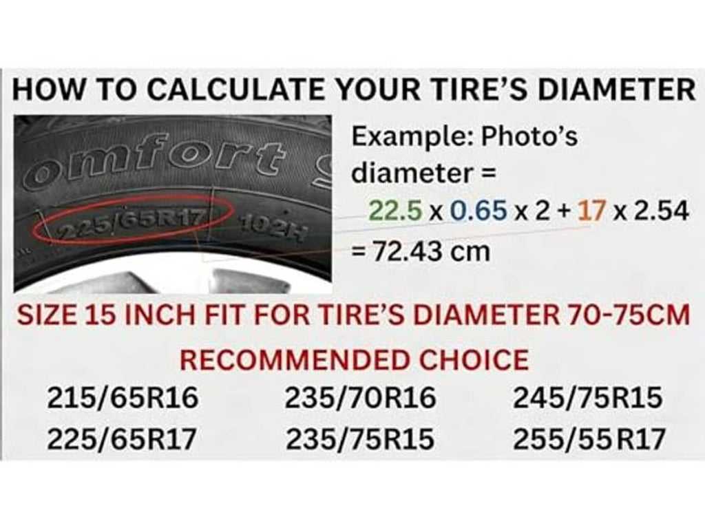 Spare tire cover size chart for 15-inch tire diameter, recommended 70–75 cm