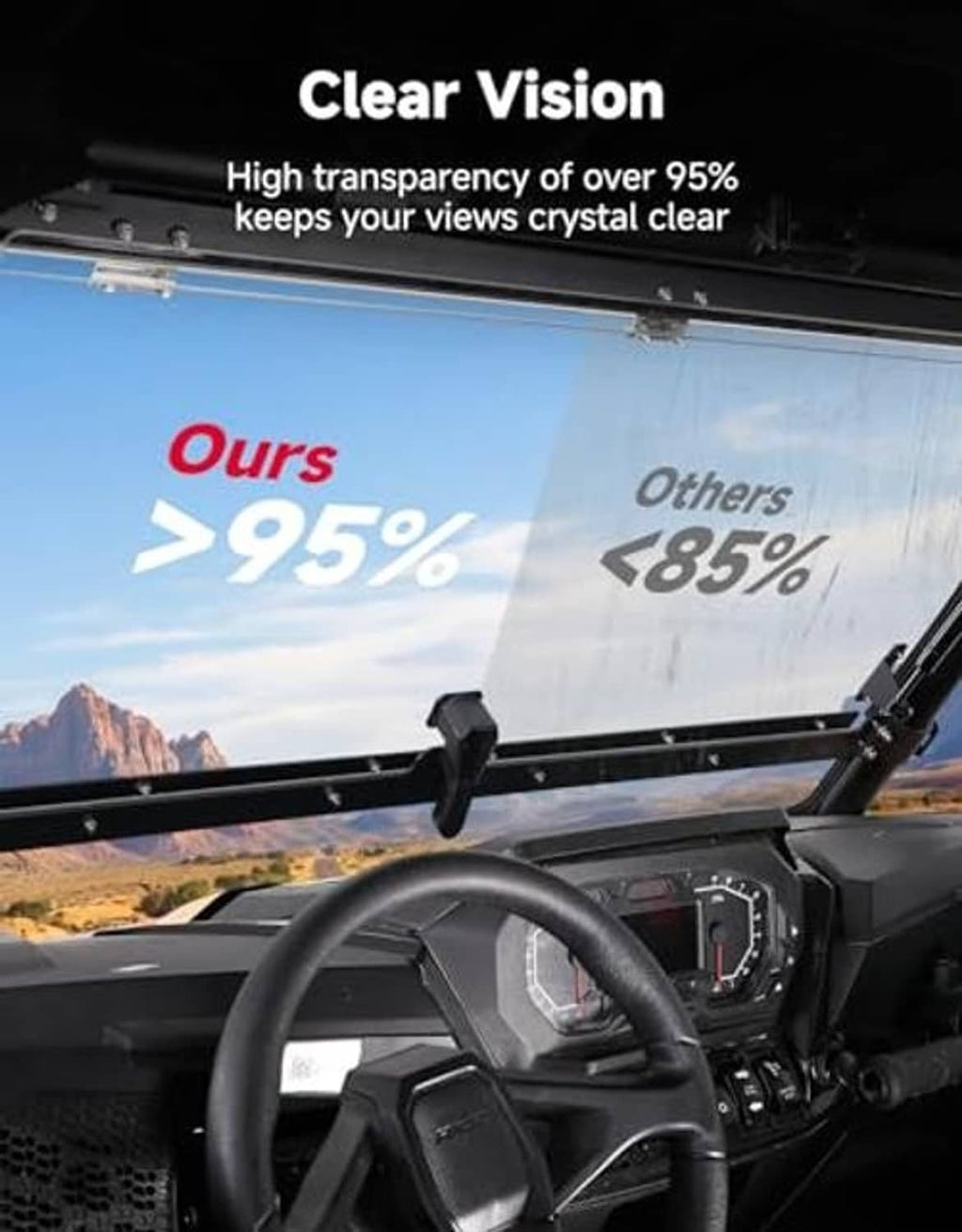 Clear front flip windshield with black trim and hinge mount