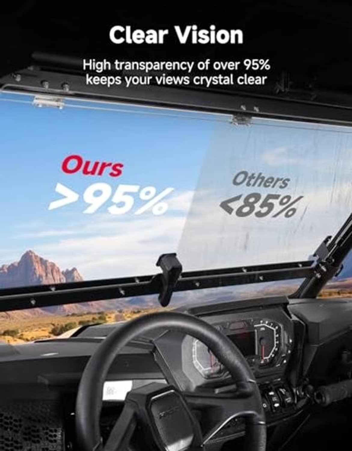 Clear front flip windshield with black trim and hinge mount