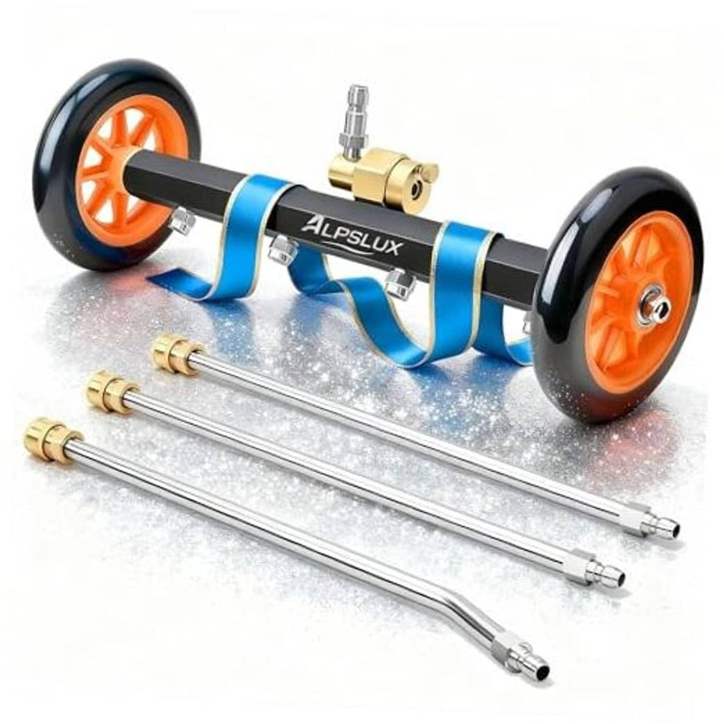 Wheeled undercarriage pressure washer attachment with extension rods and brass connectors