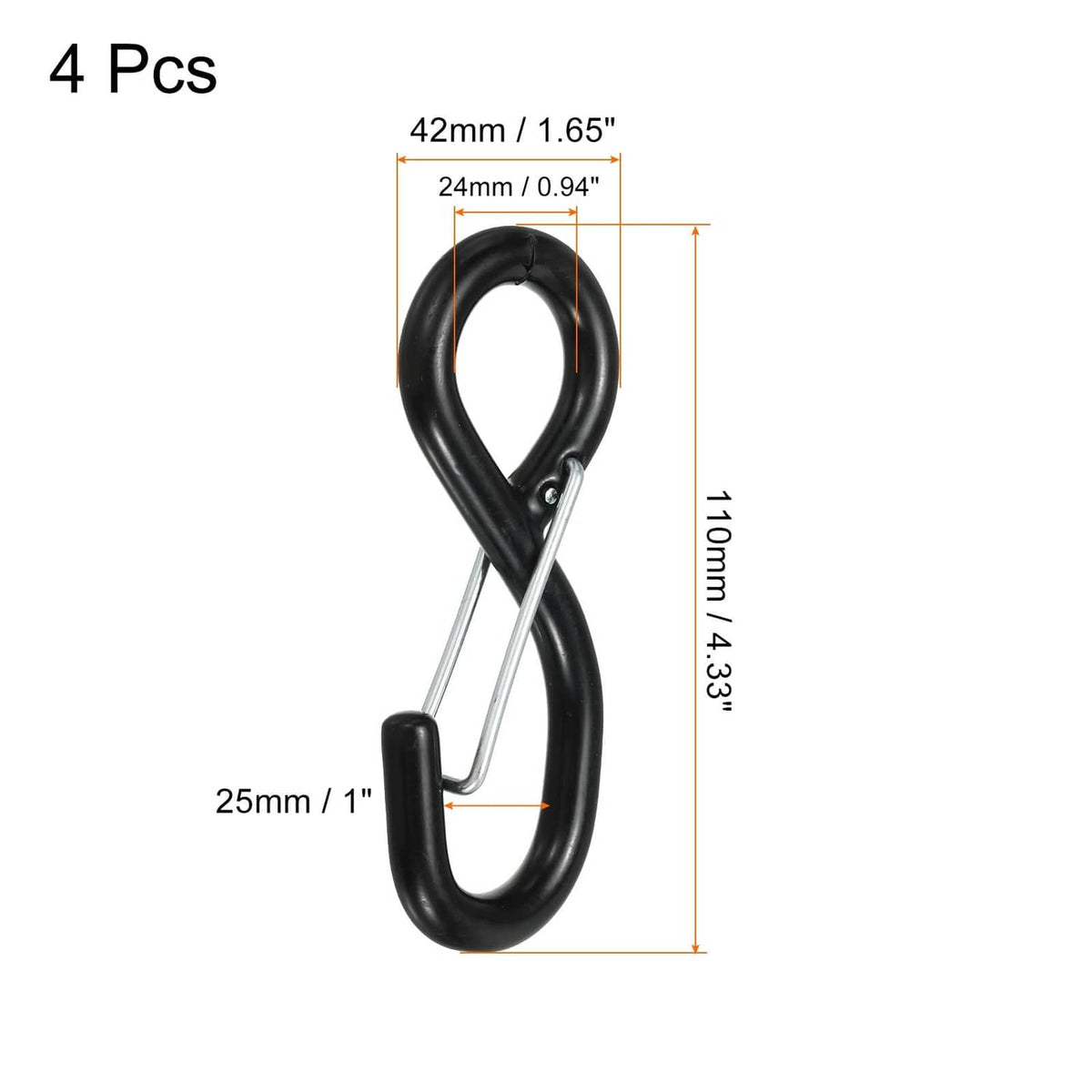 Set of 4 black rubber S hooks with latch and silver metal bar, 24mm width