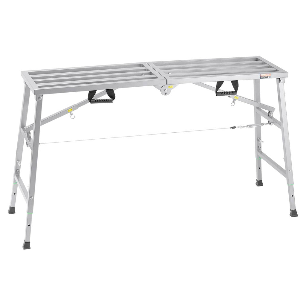 Adjustable height portable scaffolding platform with slatted metal work deck and four legs
