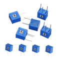 Set of blue side-adjustable trimmer potentiometers with 3-pin leads