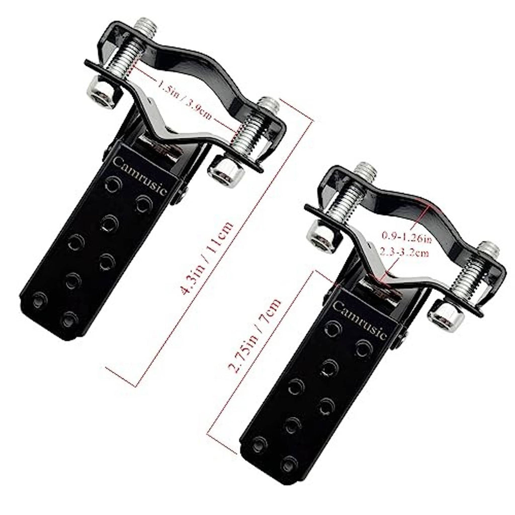 Universal motorcycle foot pegs with size measurement labels on black and silver parts