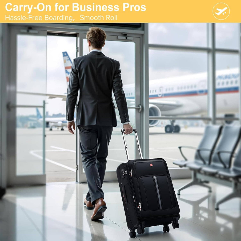 Black rolling carry-on suitcase with extended handle carried by a traveler