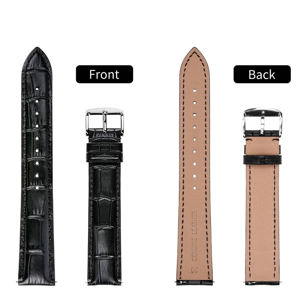 Black leather watch strap front and back views with silver buckle and pin holes