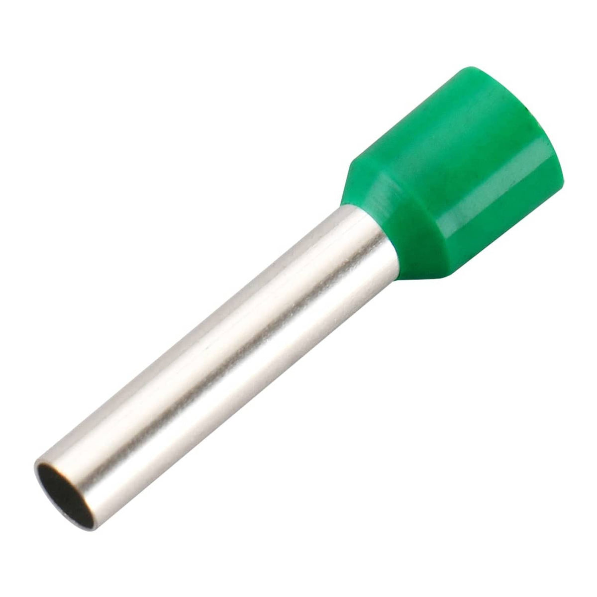 Insulated copper crimp ferrule connector with green insulating sleeve, straight view