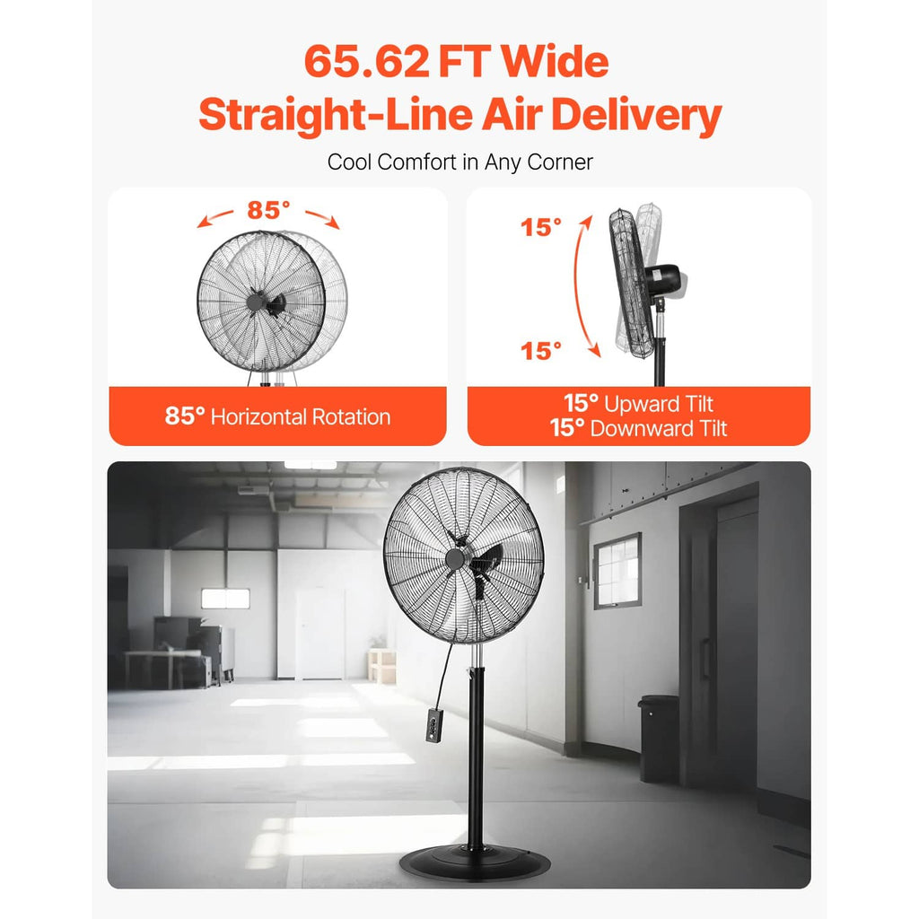Black pedestal fan on round base with adjustable tilt and wide front grille