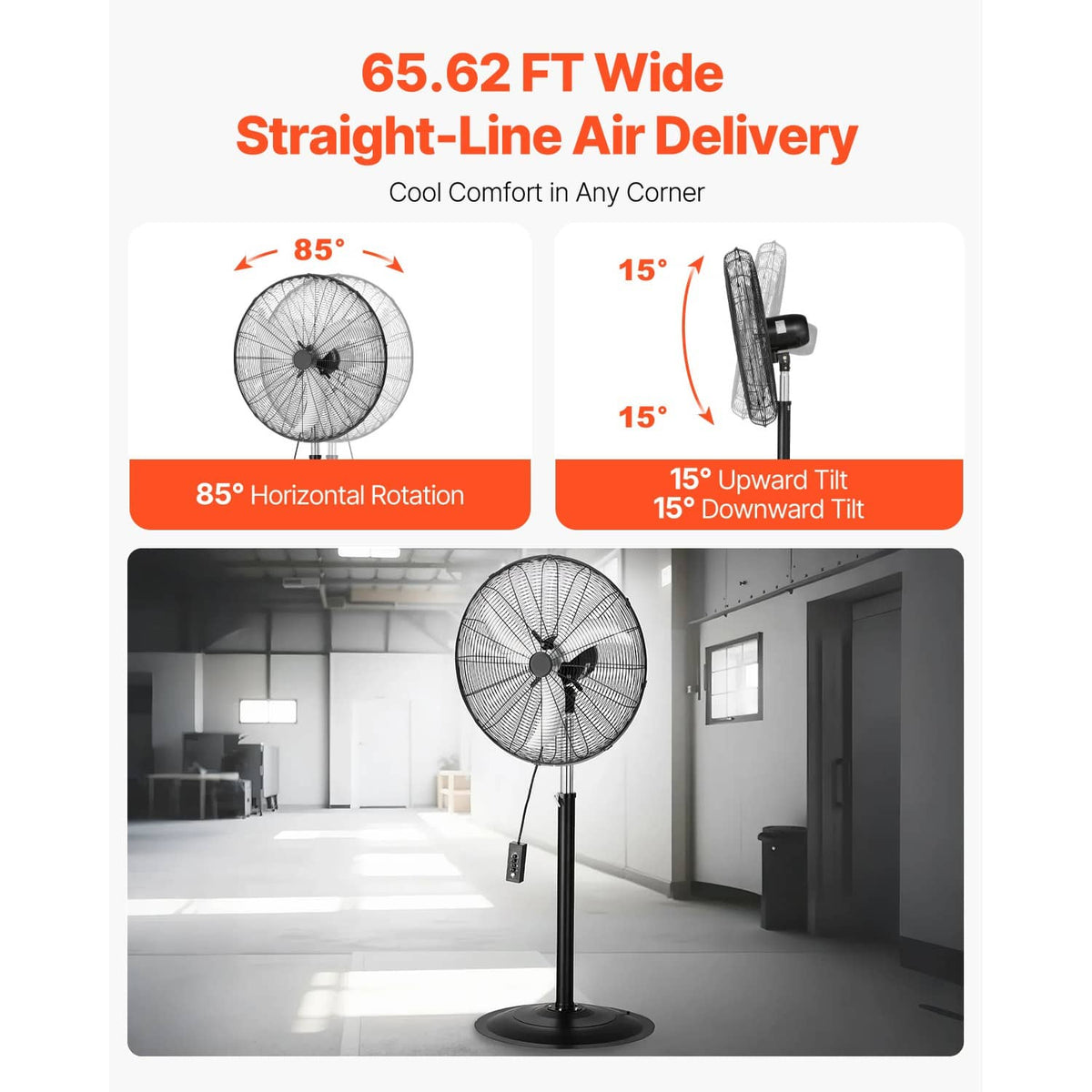 Black pedestal fan on round base with adjustable tilt and wide front grille