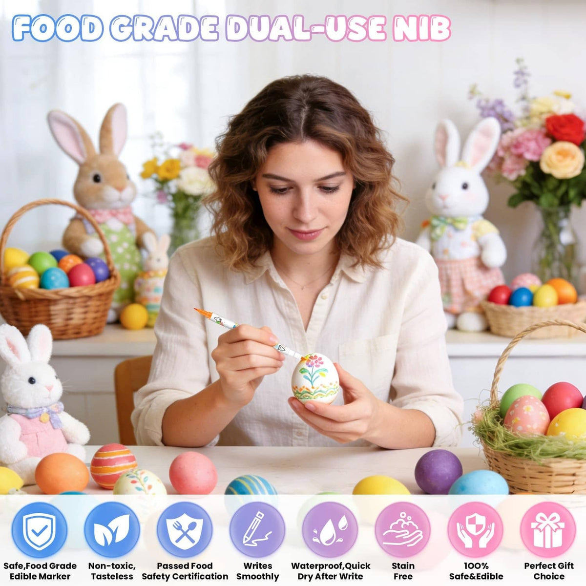 Edible ink marker used to color a decorated egg among colorful Easter sweets