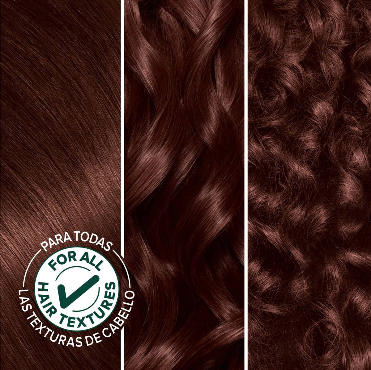 Dark mahogany brown hair color shade swatches showing smooth and curly textures.