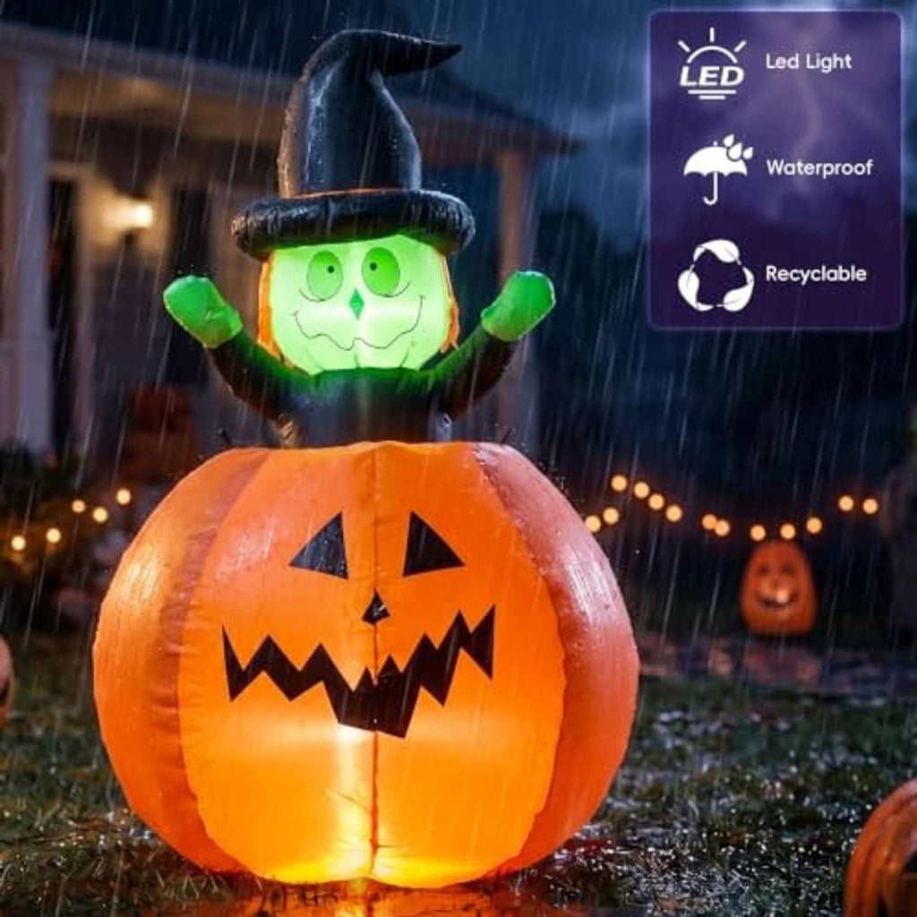 Halloween inflatable pumpkin witch decoration, orange glowing pumpkin body, green cartoon face