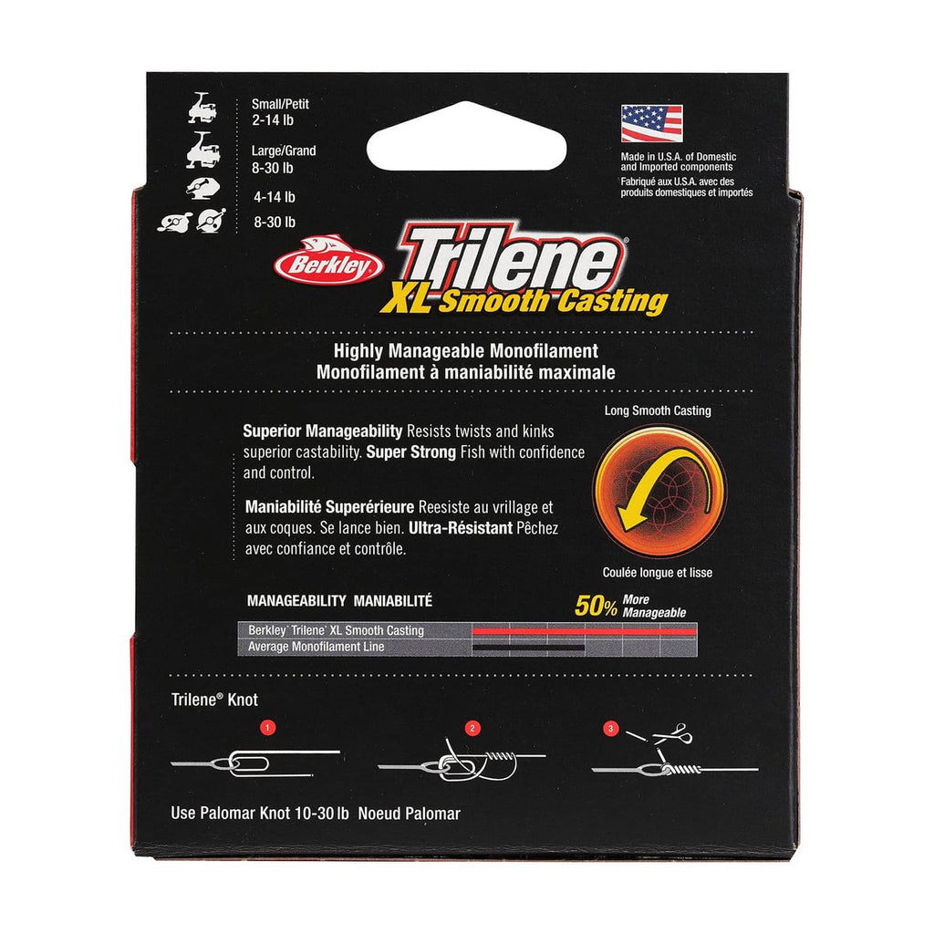 Berkley Trilene XL Smooth Casting line box back with use and manageability info
