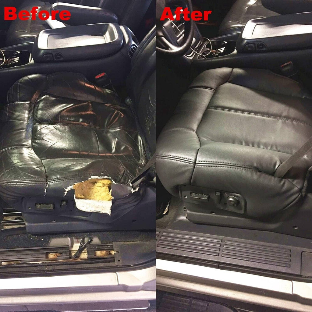 Dark gray leather seat cover with armrest pad, shown on a front seat area