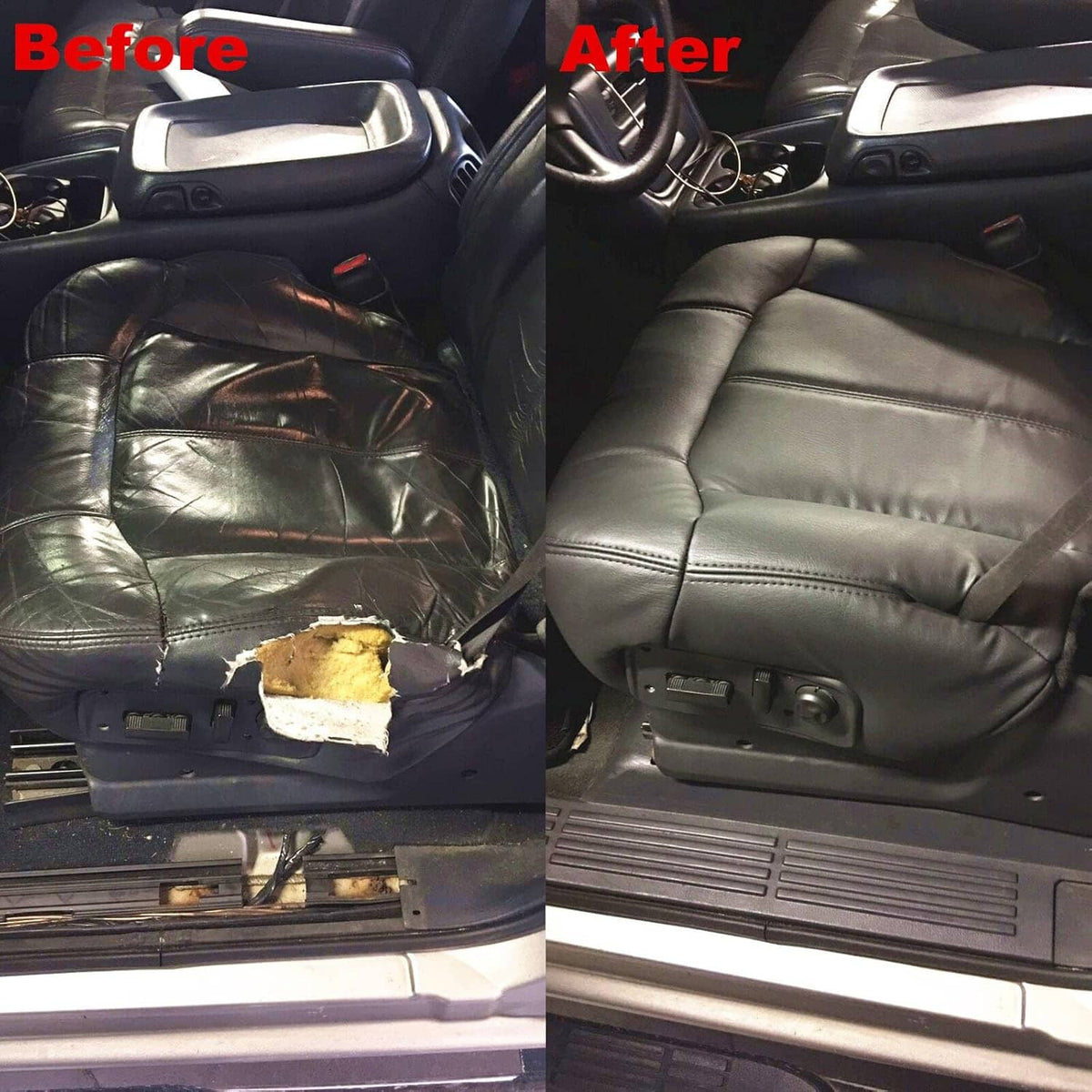 Dark gray leather seat cover with armrest pad, shown on a front seat area