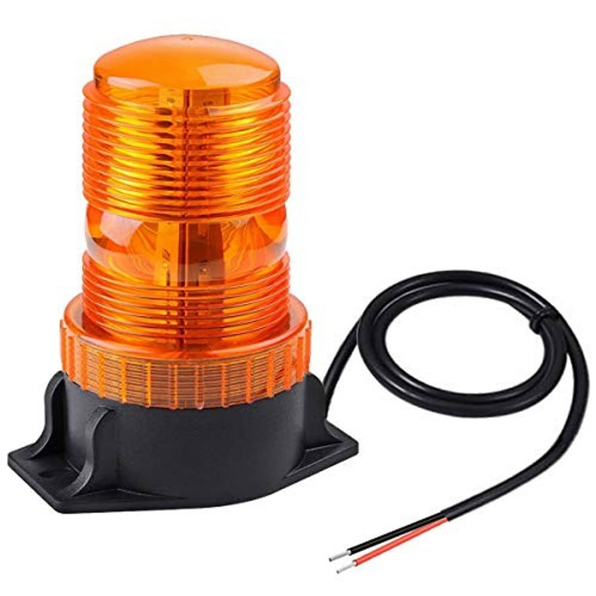 Amber LED strobe light with black magnetic base and exposed red/black wire leads