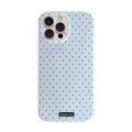 Light blue iPhone 13 Pro case with small black dot pattern and camera cutouts