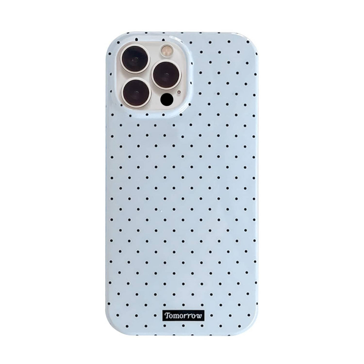 Light blue iPhone 13 Pro case with small black dot pattern and camera cutouts