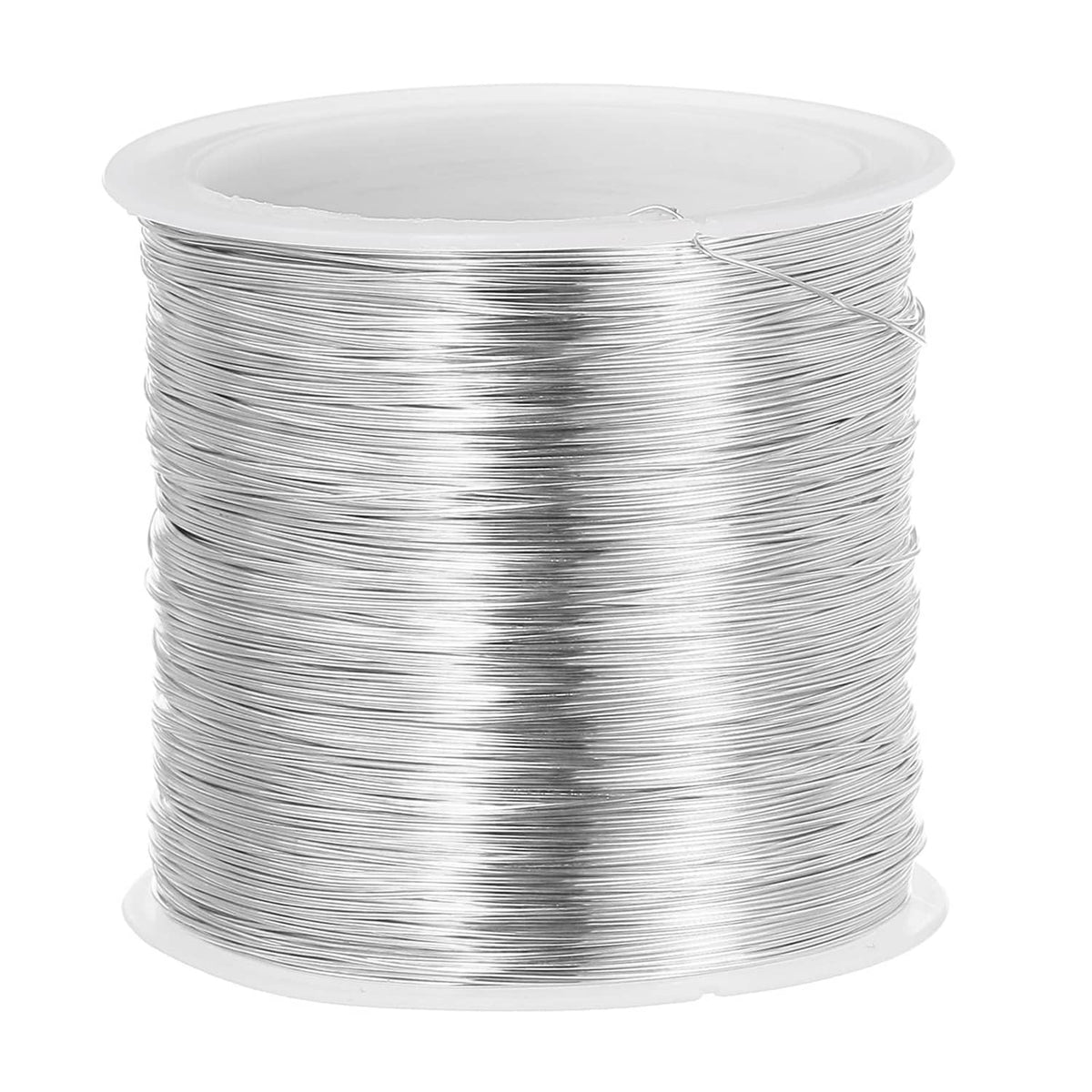 Silver-colored 28 gauge jewelry wire spool, tightly wound with copper wire