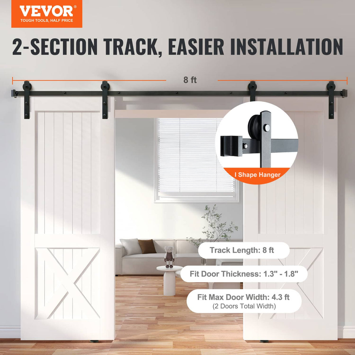 Two-section sliding barn door track hardware with hangers for double doors