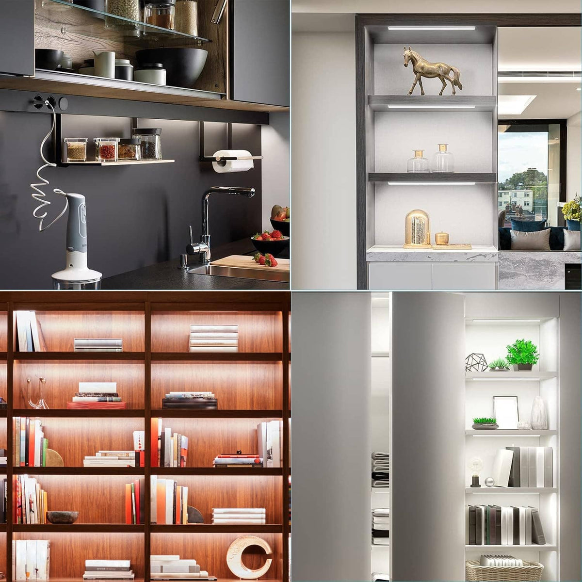 LED light bars for display cabinets shown on open shelves and glass-door display