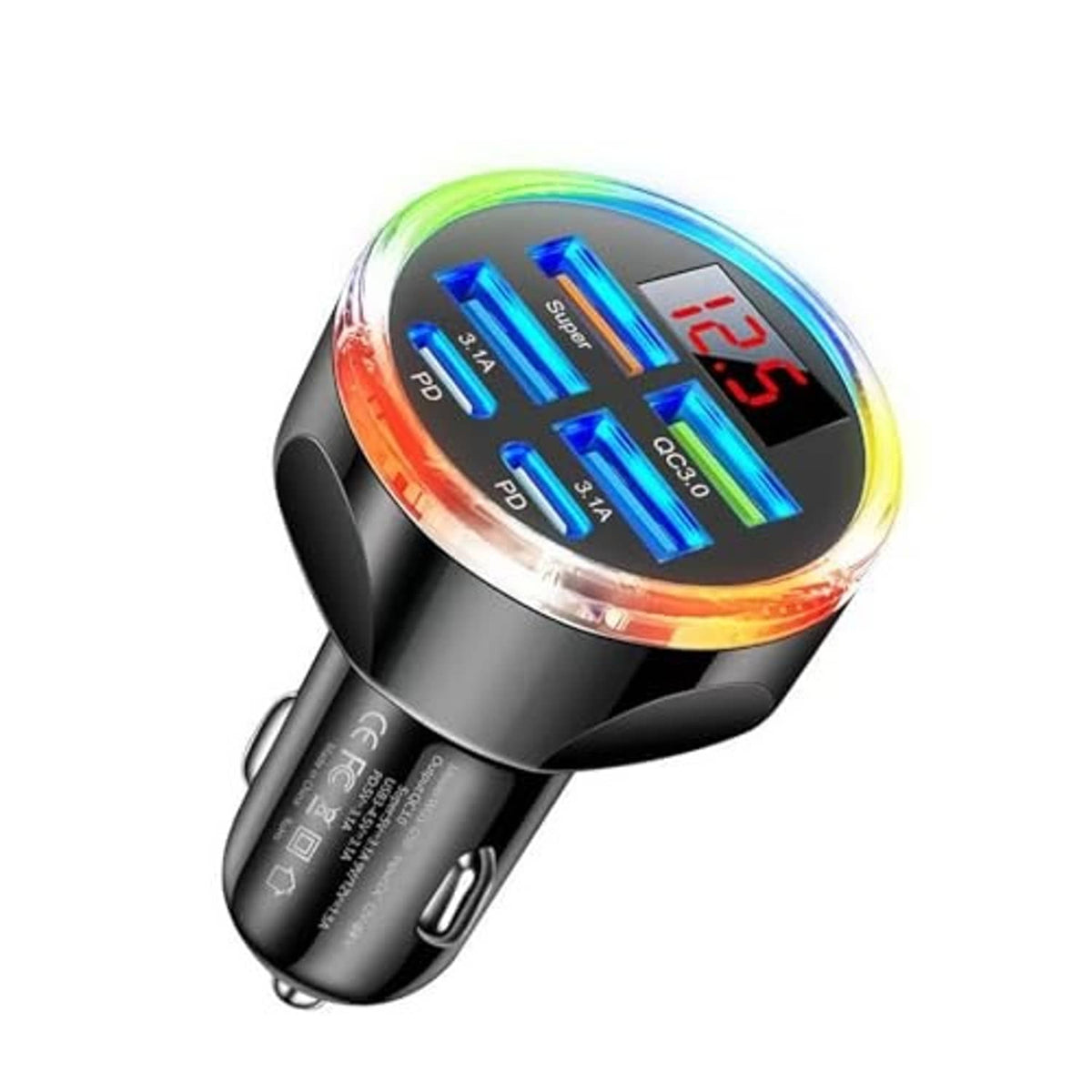 Black USB-C car charger with multi-port design and digital voltage display