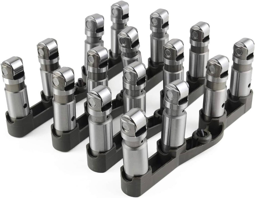 Hydraulic lifter set with many silver cylinders standing on black base