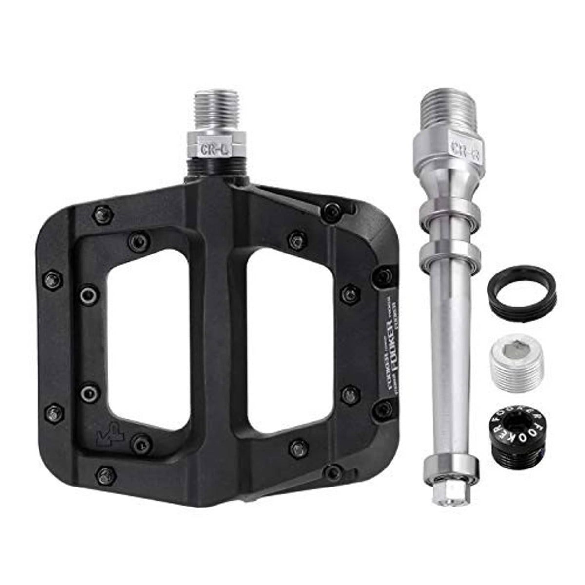 Black MTB flat pedal with threaded axle, plus included small parts and spacers