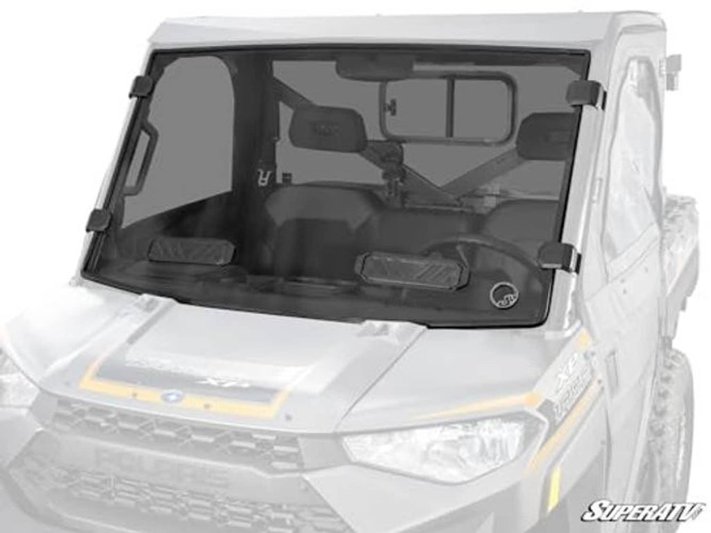 Dark-tinted full windshield installed with metal side clamps on the Polaris Ranger 1000