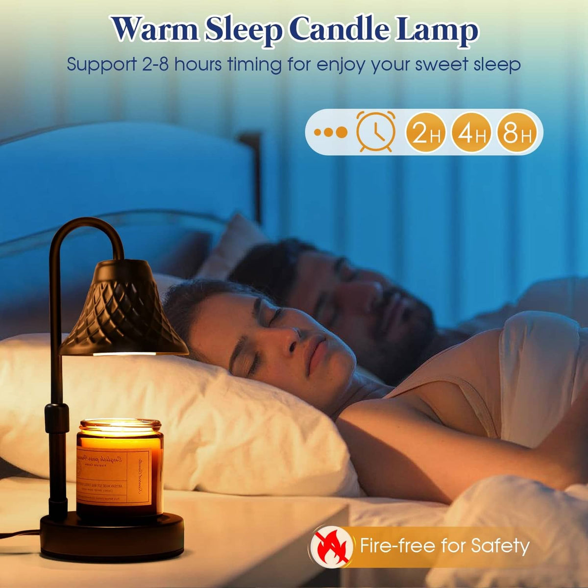 Black candle warmer lamp with domed shade over glowing jar candle on bedside table