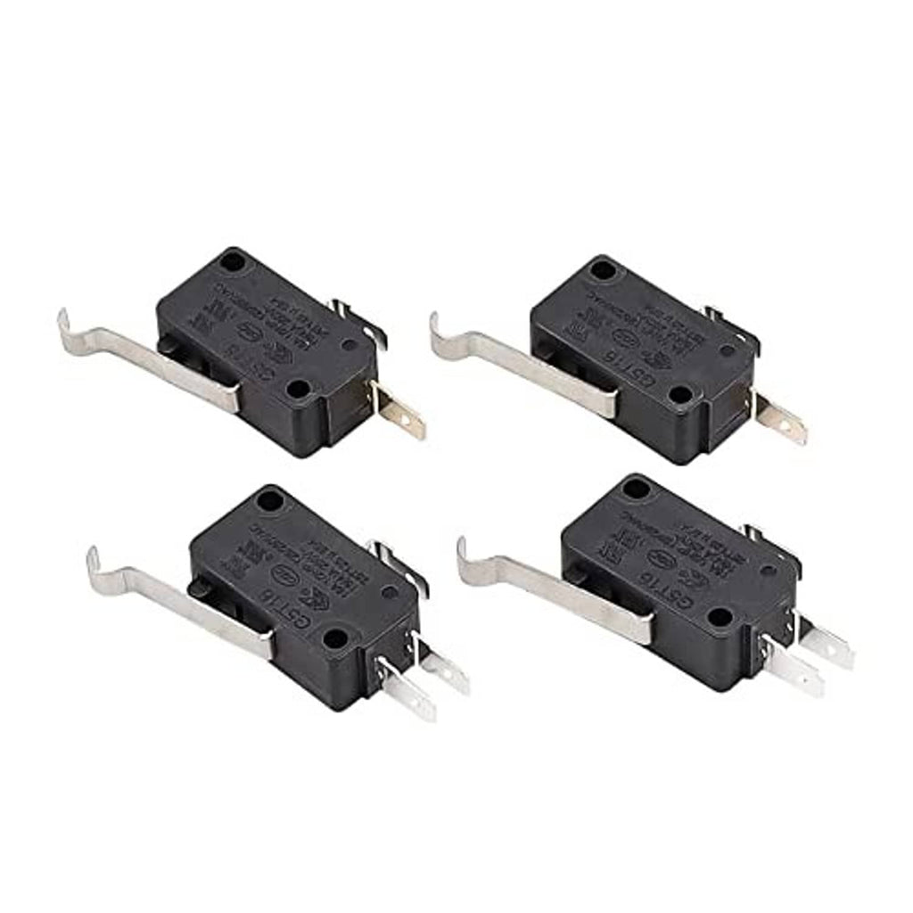 Four black micro switches with metal mounting tabs and 2-prong terminals