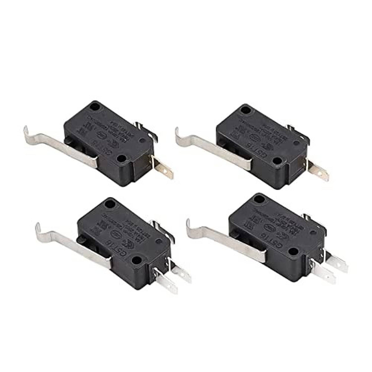 Four black micro switches with metal mounting tabs and 2-prong terminals