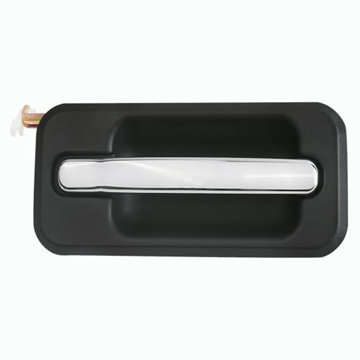 Black exterior door handle with chrome pull bar and outer frame