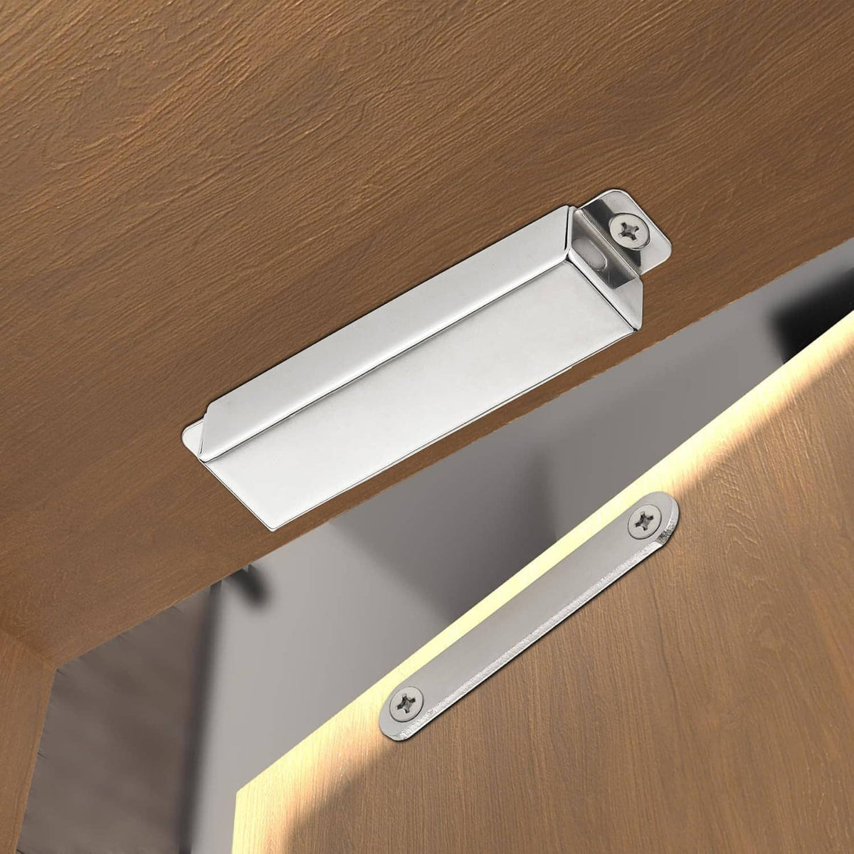 Stainless steel magnetic door catch and strike plate securing two doors together