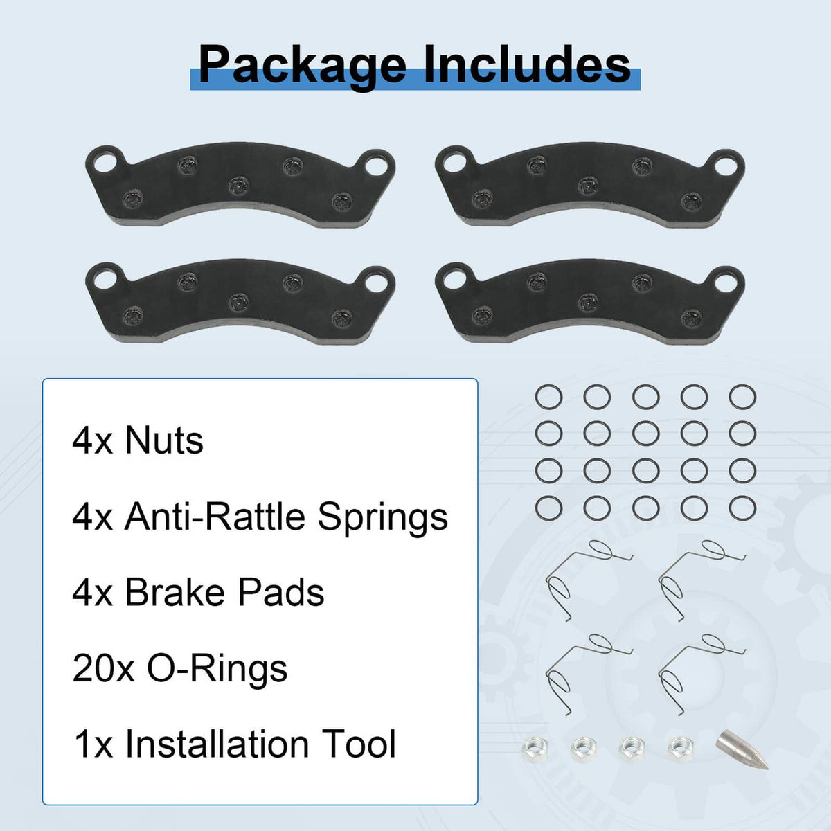Disc brake pad kit contents: four pads, nuts, anti-rattle springs, O-rings, tool