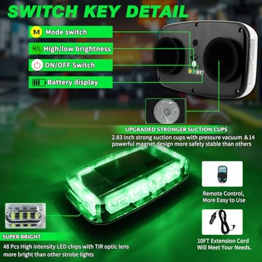 Green roof strobe light with remote control and suction-cup mounting base