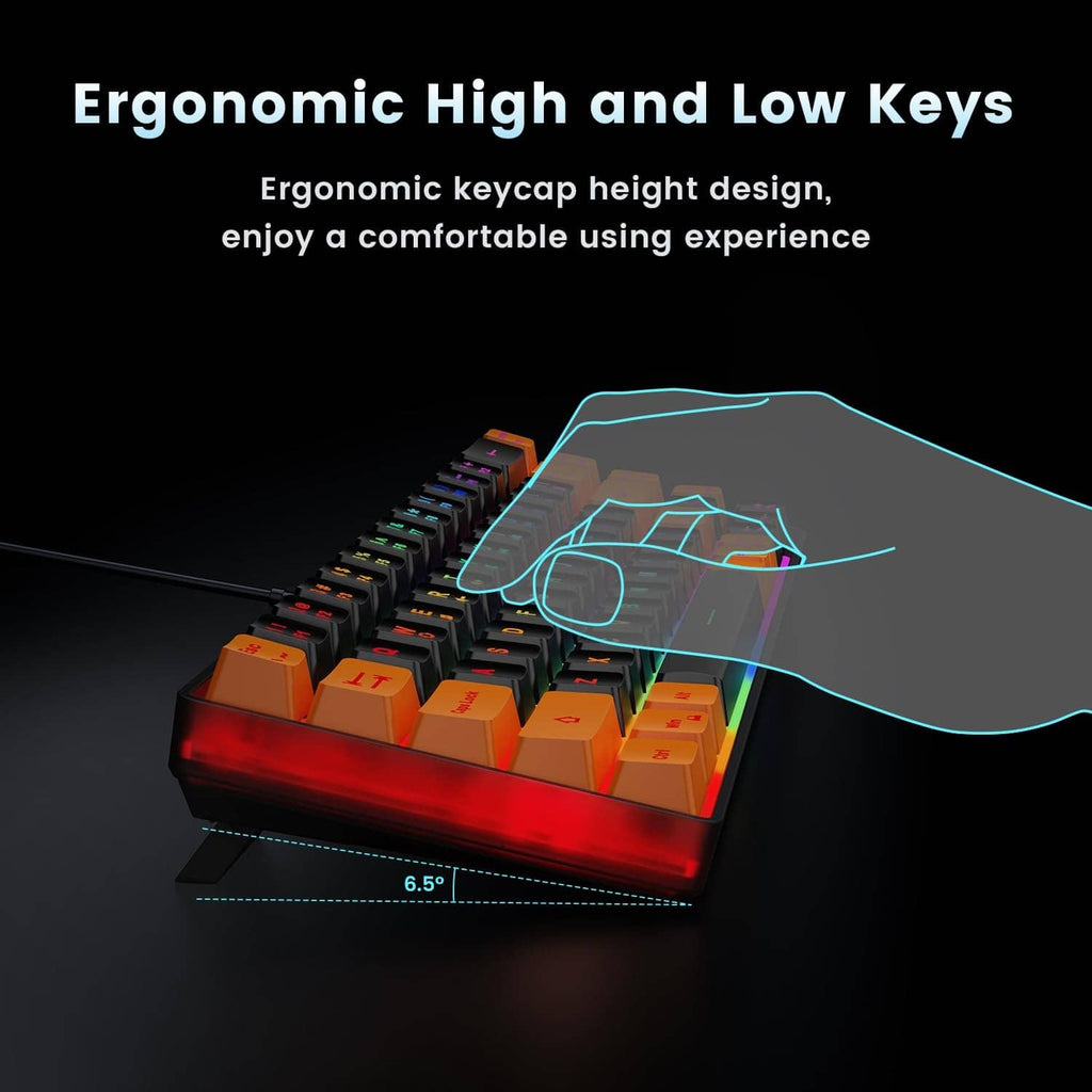 Gaming keyboard with black base, orange keycaps, and adjustable ergonomic key heights