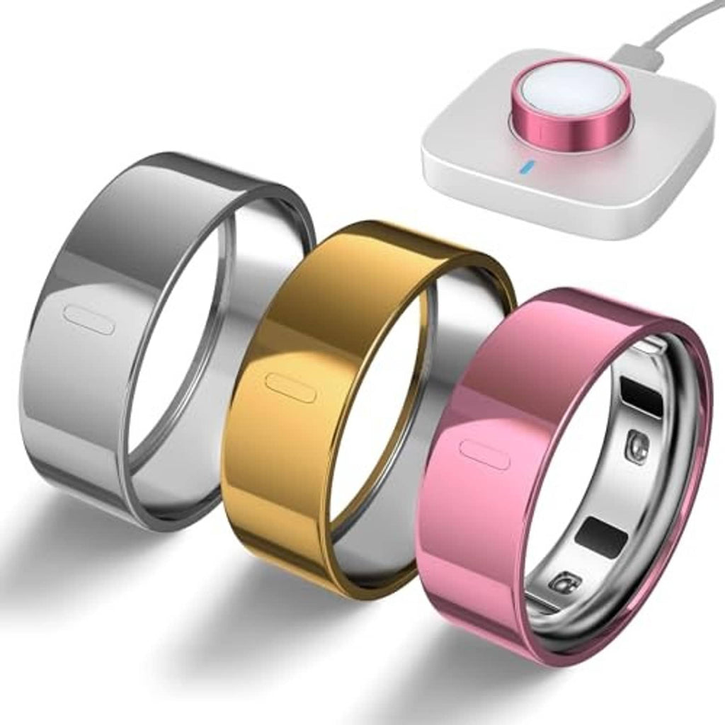 3-pack ring covers in silver, gold, and rose pink with open interior, angled view