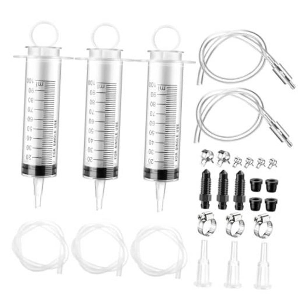 Brake bleeding syringe kit with three 100ml syringes, hoses, fittings and clamps