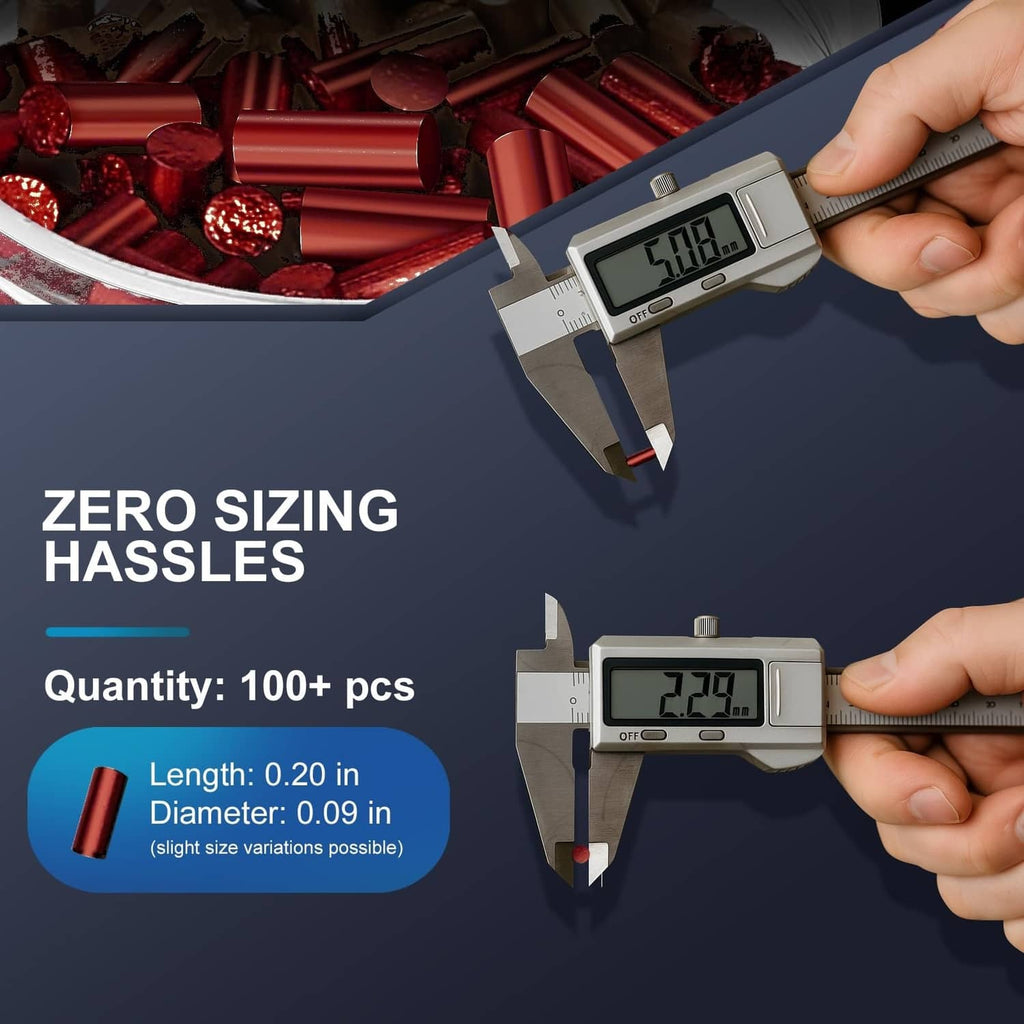 Red flint refill pieces beside digital caliper measurement