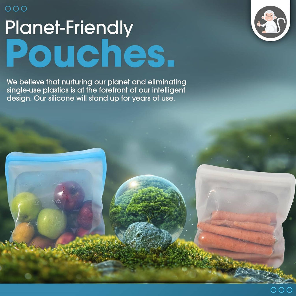Reusable silicone pouches with mixed produce, including olives and carrots