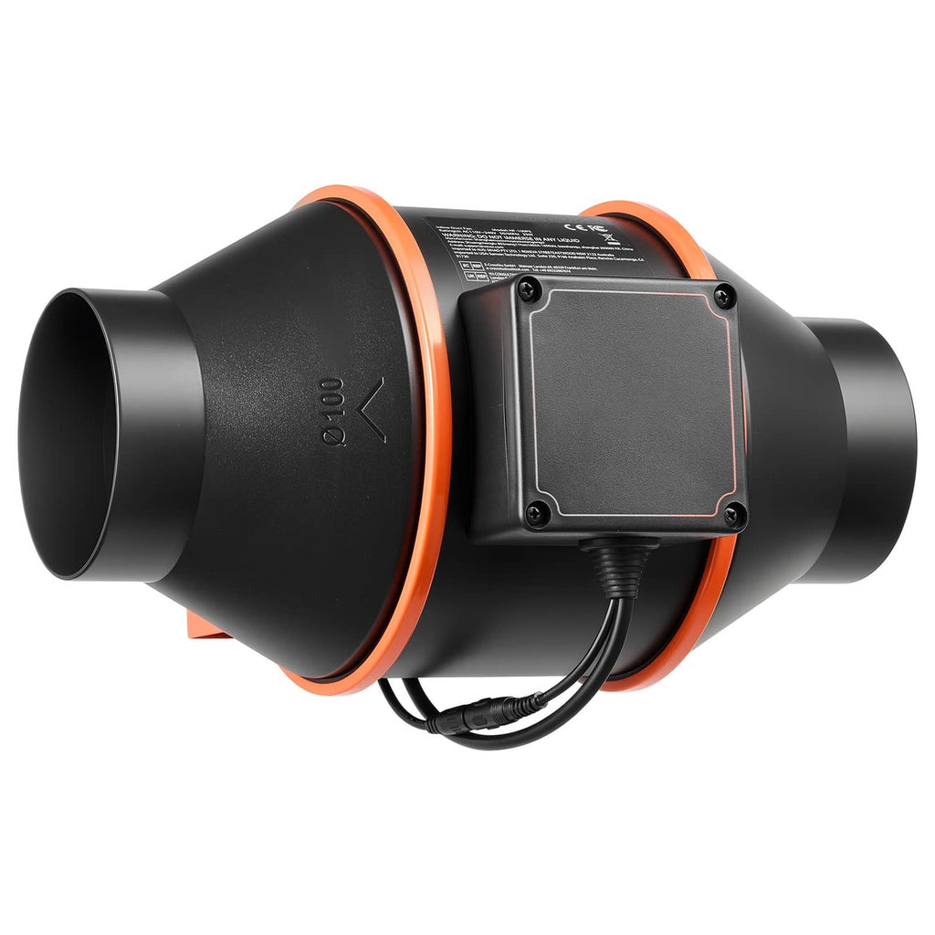 4-inch inline duct fan with black housing and orange ring, EC motor control box