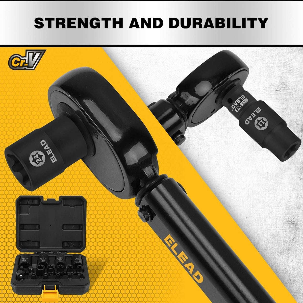 Black E-torx sockets with drive handle and compact case, cr-V marked