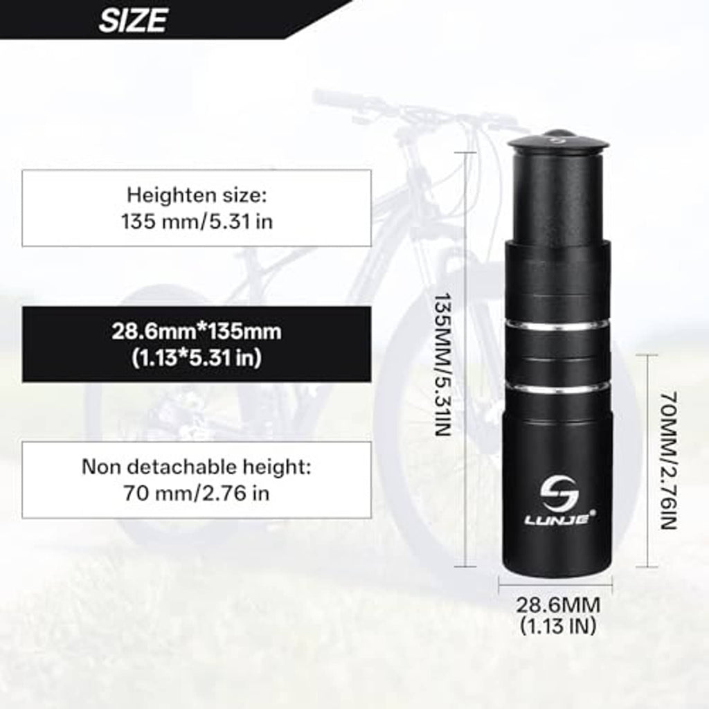 Black stem riser extender with stacked height view and labeled size diagram
