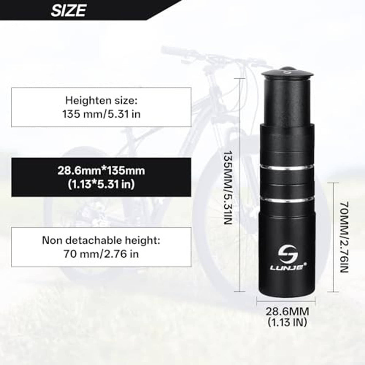 Black stem riser extender with stacked height view and labeled size diagram