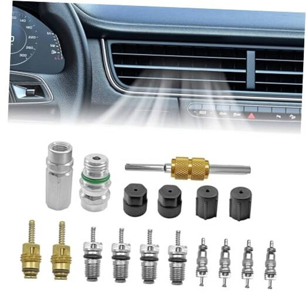 AC refrigeration valve core kit with brass service tool, metal fittings, and black caps