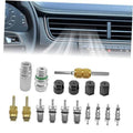 AC refrigeration valve core kit with brass service tool, metal fittings, and black caps