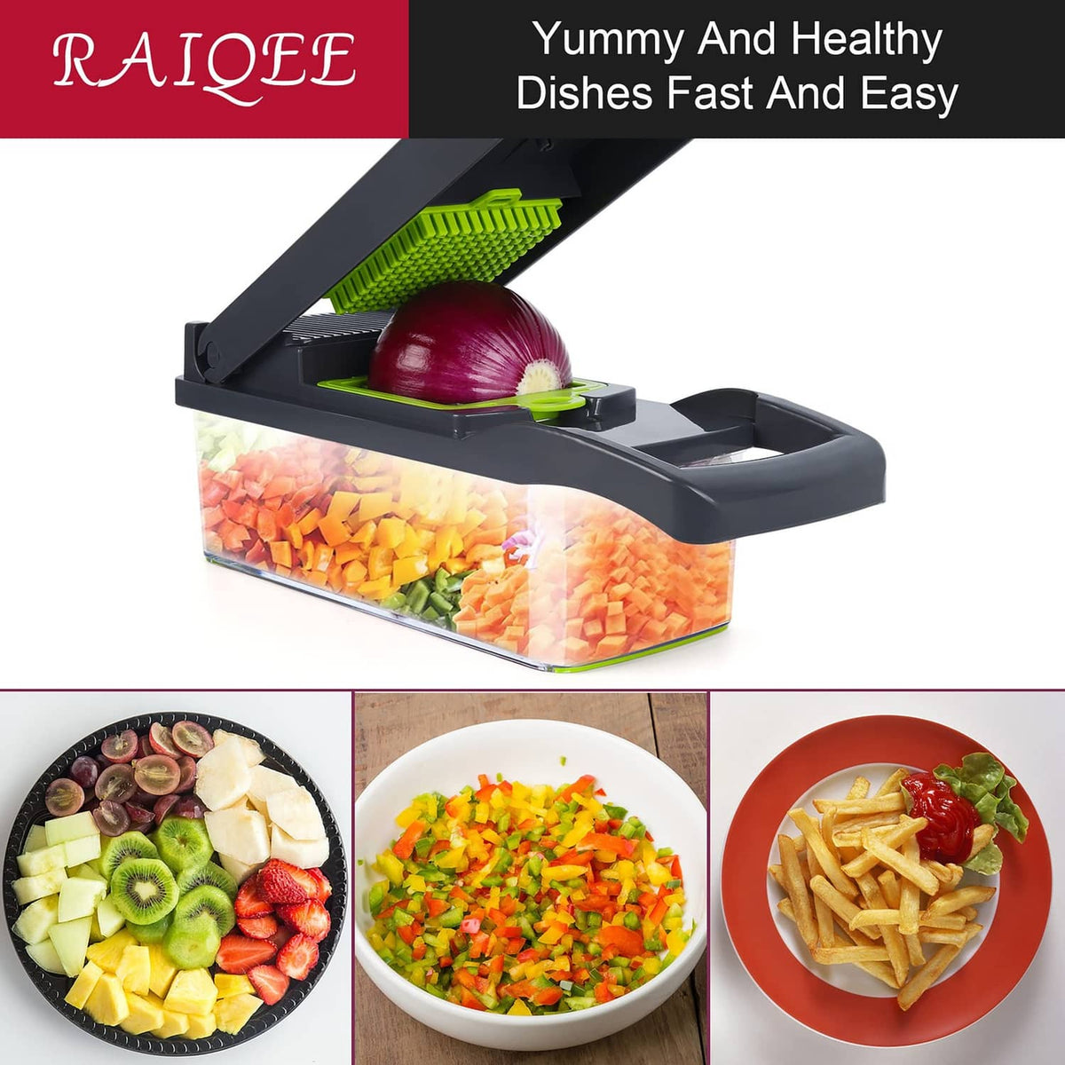 Gray mandoline chopper with layered clear container and green safety knob, 8-blade system.