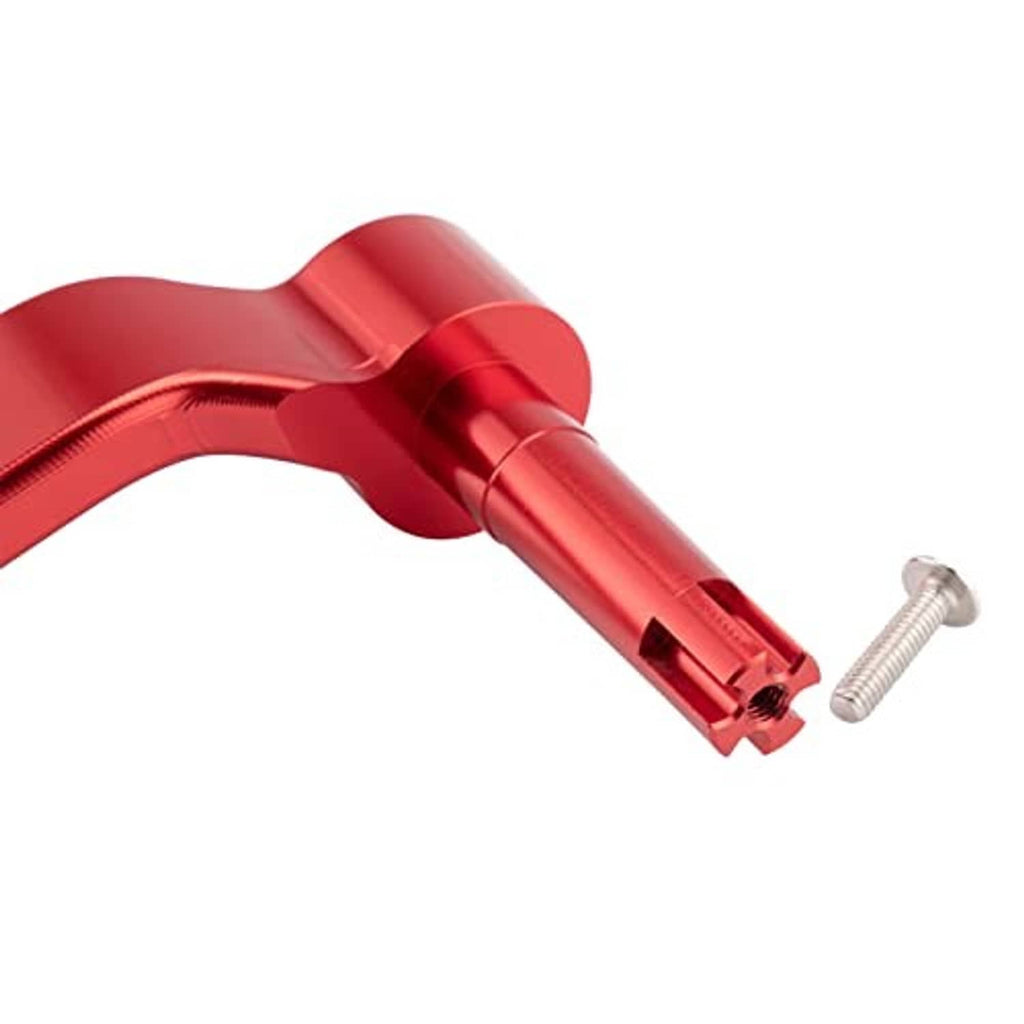 Red aluminum thumb throttle lever close-up of stem and mounting screw.